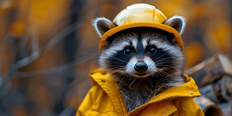 Raccoon in a Construction Site with Building Materials and a Work Helmet. Concept Wildlife photography, Urban exploration, Construction work, Building materials, Animal in unexpected places