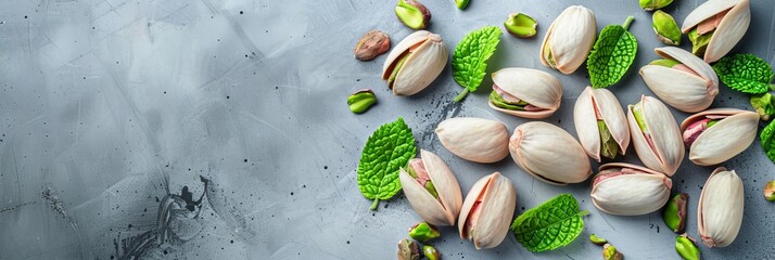 Pistachios arranged on bright white surface with ample space for text or graphics to be added - obrazy, fototapety, plakaty