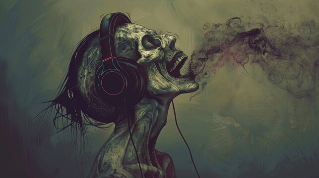 Skull with headphones immersed in music, Concept of death, rock, and eternal passion for sound
