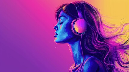 Woman lost in music with headphones, Concept of serenity, bliss, and colorful musical experience
