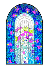 Beautiful Art Nouveau stained glass window with floral motives. Template for design, wallpaper, background, decoration. Architecture in Western Europe. Vector drawing. Art deco architecture style.
