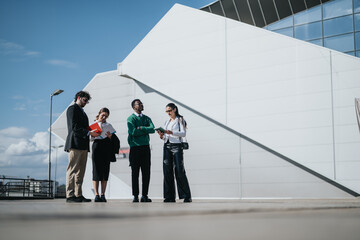 Diverse group of business associates engaged in a strategic discussion outside a modern building focusing on marketing and sales growth.