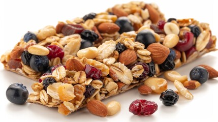 Granola bars on white background   delicious snack isolated for food photography and advertising