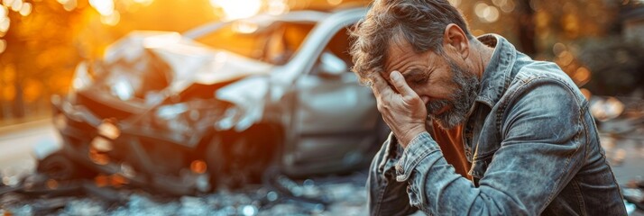 Driver's remorse: Man sits by crashed car, expressing regret after accident - obrazy, fototapety, plakaty