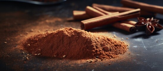 A pile of cinnamon powder is resting on a wooden table beside cinnamon sticks, creating a picturesque scene reminiscent of a culinary event or cooking recipe in a lush landscape