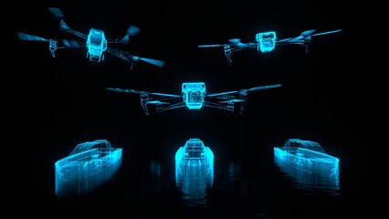 marine and aviation drones, drone group control system, high-tech technologies, military technologies, background, 3d rendering, abstraction