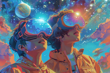 Obraz na płótnie Canvas A couple with computer glasses are flying through space, surrounded by stars and planets. Graphic artwork of a colorful cartoon flat.
