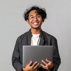 a Filipino man is holding a laptop and smiling