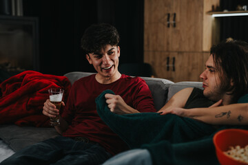 Fototapeta premium Two male friends share a laugh while relaxing on a sofa with snacks and drinks at home, depicting friendship and relaxation.