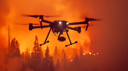Rescue drone flying in a forest fire zone with backdrop of smoke and orange sky - obrazy, fototapety, plakaty