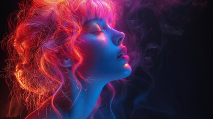 Surreal portrait of a woman with flowing fiery hair, Concept of freedom, passion, and vibrant creativity
