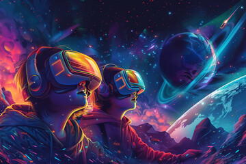 A couple with computer glasses are flying through space, surrounded by stars and planets. Graphic artwork of a colorful cartoon flat.