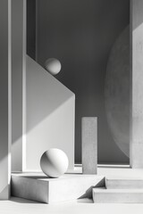 A minimalist composition with two spheres and architectural concrete forms in a monochromatic light and shadow interplay.