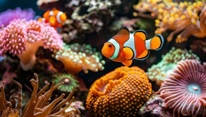Fototapeta na wymiar Anemonefish among vibrant corals in saltwater aquarium, creating captivating underwater scene.