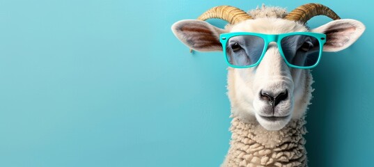 Colorful sheep with sunglasses posing on pastel background with ample space for text placement