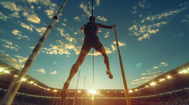Man performs thrilling pole jump under the cloudy sky at stadium event