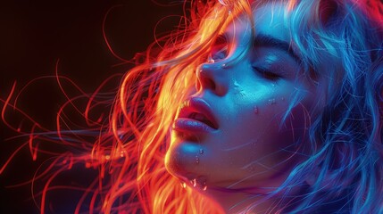 Fototapeta premium Surreal portrait of a woman with flowing fiery hair, Concept of freedom, passion, and vibrant creativity 