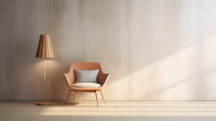 Minimal Interior Design of A Natural Relaxing Room with Brown Leather Armchair and Wooden Floor Lamp Fixture. Natural Sunlight on Beige Wall. Copy Space. Empty Wall Mock Up. 