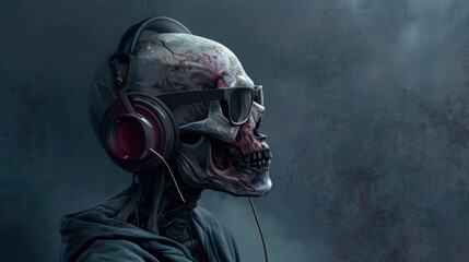 Skull with headphones immersed in music, Concept of death, rock, and eternal passion for sound
 - obrazy, fototapety, plakaty