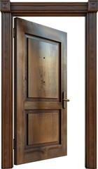 Classic wooden door half-open with frame cut out on transparent background