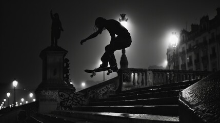 Skateboarder performing trick on bridge at night under flash photography - Powered by Adobe