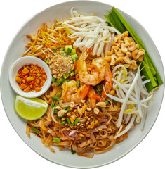 Pad Thai with shrimp and side of bean sprouts on white plate cut out on transparent background