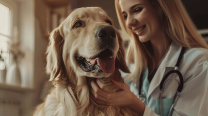 A blonde veterinarian happily interacts with a content golden retriever in a softly lit veterinary clinic