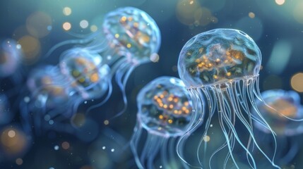 A group of microscopic organisms resembling miniature jellyfish swimming in a mysterious and ethereal underwater world. - obrazy, fototapety, plakaty
