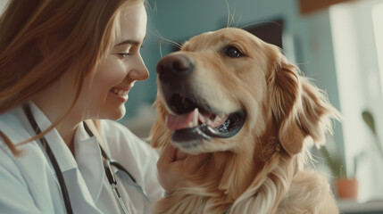Close-up of a happy golden retriever with a blurred face of a veterinarian, emphasizing pet care and affection