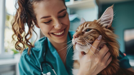 A veterinarian in green scrubs shares a laugh while giving attention to a charming orange cat in a bright vet office