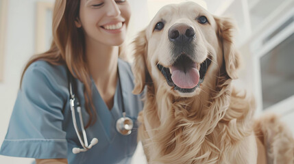 Golden retriever smiling beside a blurred veterinarian in a clinic, portraying a friendly pet and healthcare scenario