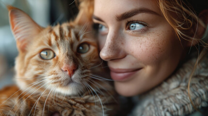 A beautiful redhead woman with sparkling blue eyes shares a close-up moment with a ginger cat