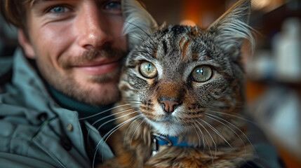 A sharp close-up of a tabby cat with enchanting eyes and a blurred human in the background
