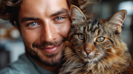 A charismatic man with a warm smile poses with his tabby cat, both looking directly at the camera