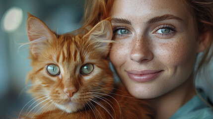 A radiant woman with striking eyes and a joyful smile poses with an orange tabby cat close to her face