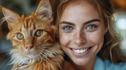A cheerful young woman with freckles smiling next to her adorable ginger cat, close-up shot