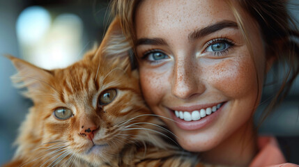 A joyful young woman with freckles smiles while holding a beautiful ginger cat, highlighting a connection between humans and pets