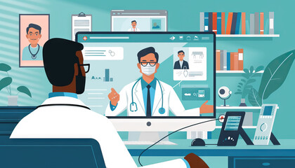 Healthcare Telemedicine Solutions, healthcare telemedicine solutions with an image showing doctors conducting virtual consultations and remote patient monitoring - obrazy, fototapety, plakaty