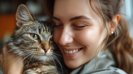 An intimate moment is captured as a young lady lovingly cuddles with her domestic short-haired cat
