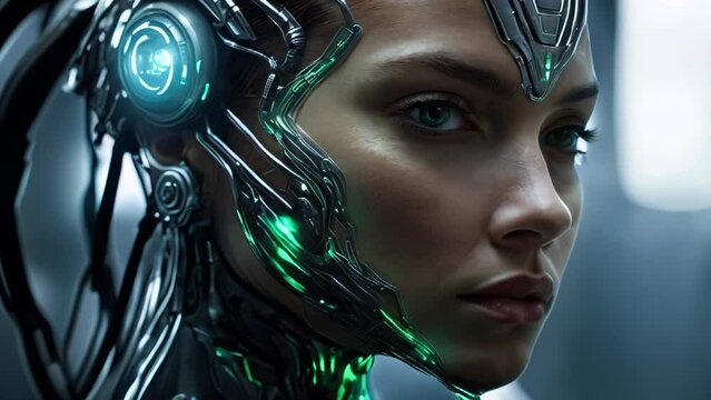 Female cyborg cinematic close green portrait