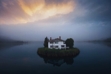 Fototapeta na wymiar Isolated house on a misty lake island