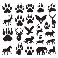 Silhouette set of different animals and their footprint