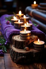 Luxurious spa essentials. Sauna towels, soothing candles, aromatics for blissful aroma therapy. Vertical Composition