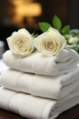 Vertical composition of relaxing spa items including sauna towels and roses for ultimate relaxation
