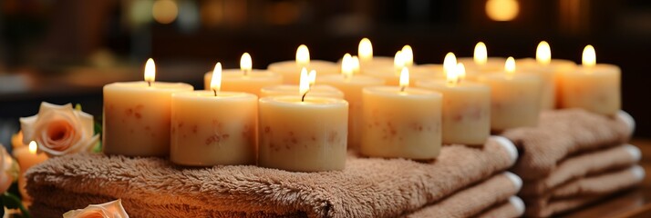 Serene spa atmosphere with a variety of candles, sauna towels and relaxation items. Panoramic banner