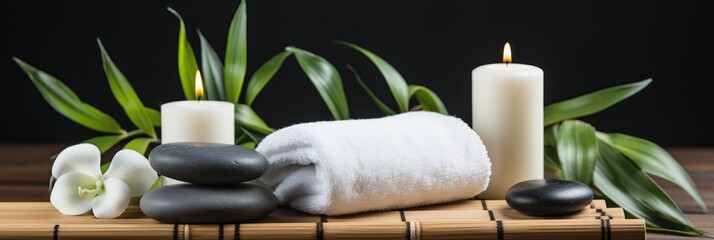 Relaxation spa items panoramic banner, sauna towels, aromatics, candles for ultimate relaxation