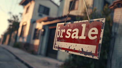 A distressed vintage 'for sale' sign presents a stark contrast against the blurred houses in a suburban area, telling a story of change - obrazy, fototapety, plakaty