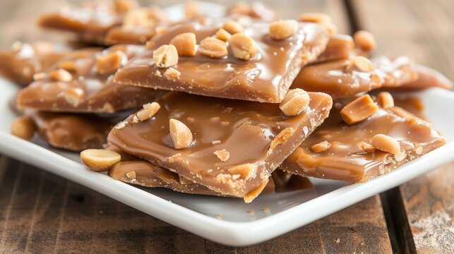 Luxurious peanut brittle display on elegant platter with upscale ambiance and mood lighting