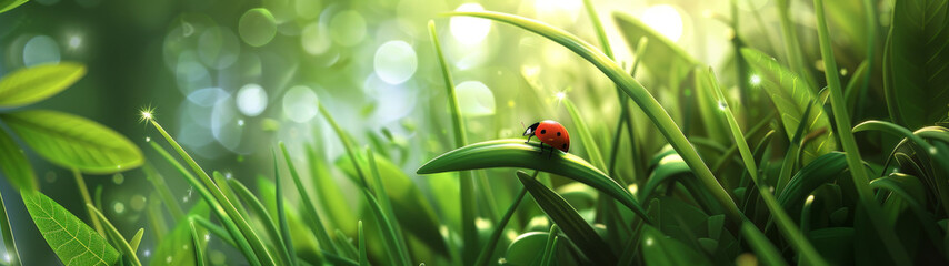 A solitary ladybug on an arc of grass dominates this peaceful scene with a beautiful bokeh background - obrazy, fototapety, plakaty