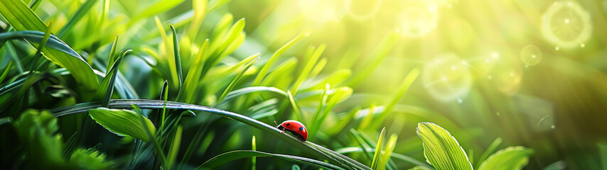 A lone ladybug ascends a grass blade against a bokeh sunlit background, symbolizing ambition and achievement